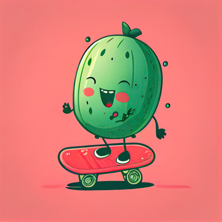 cute watermelon cartoon character on a skateboard, cartoon style, modern simple illustrationの写真素材