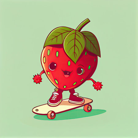 cute wildstrawberry cartoon character on a skateboard, cartoon style, modern simple illustrationの写真素材