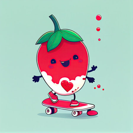 cute yumberry cartoon character on a skateboard, cartoon style, modern simple illustrationの写真素材