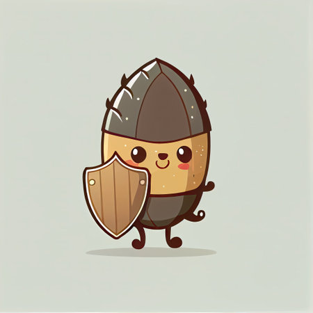 cute acorn cartoon character protected by a shield, cartoon style, modern simple illustrationの写真素材