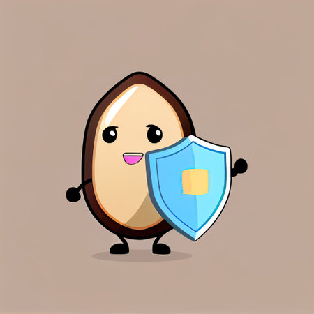 cute almond cartoon character protected by a shield, cartoon style, modern simple illustrationの写真素材