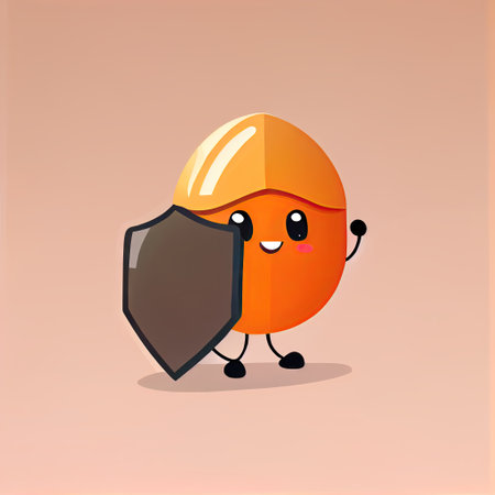 cute apricot cartoon character protected by a shield, cartoon style, modern simple illustrationの写真素材