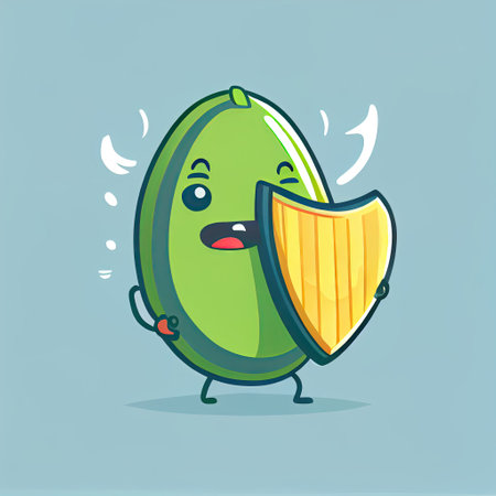 cute avocado cartoon character protected by a shield, cartoon style, modern simple illustrationの写真素材