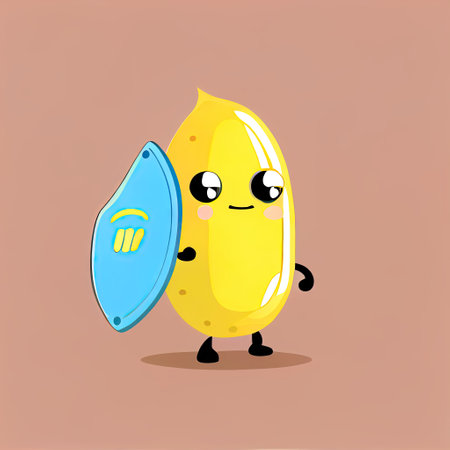 cute banana cartoon character protected by a shield, cartoon style, modern simple illustrationの写真素材