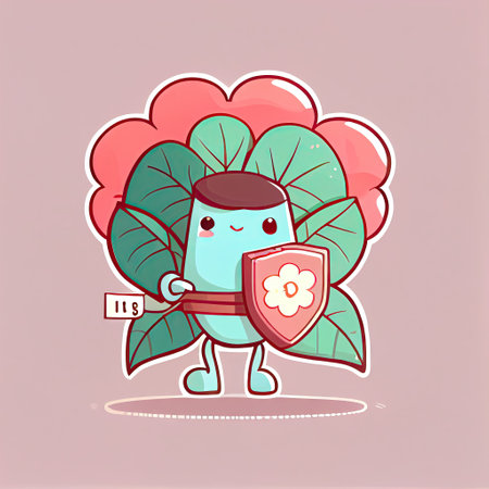 cute begonia flower cartoon character protected by a shield, cartoon style, modern simple illustrationの写真素材