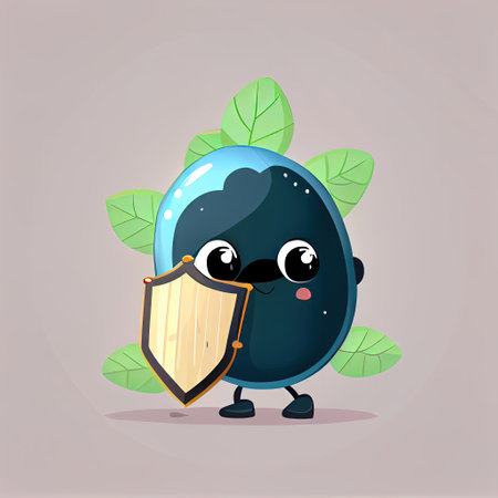cute blackchokeberry cartoon character protected by a shield, cartoon style, modern simple illustrationの写真素材