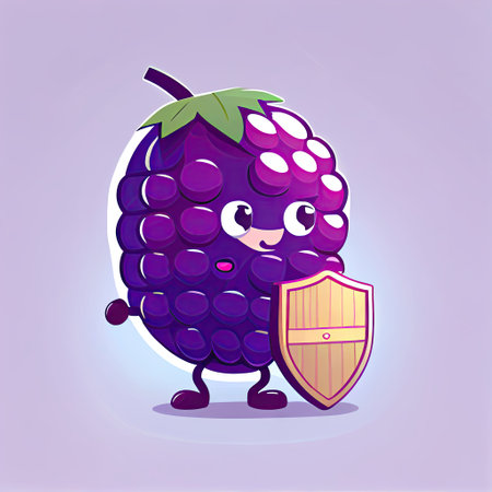cute boysenberry cartoon character protected by a shield, cartoon style, modern simple illustrationの写真素材