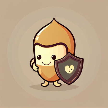 cute cashew cartoon character protected by a shield, cartoon style, modern simple illustrationの写真素材