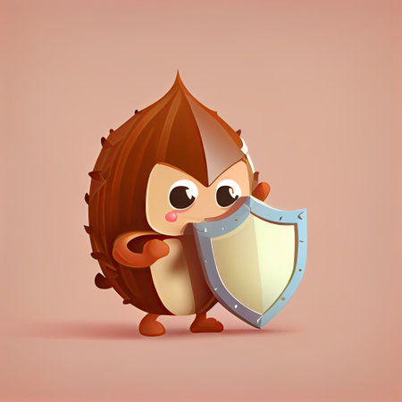 cute chestnut cartoon character protected by a shield, cartoon style, modern simple illustrationの写真素材