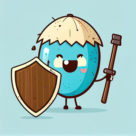 cute coconut cartoon character protected by a shield, cartoon style, modern simple illustrationの写真素材