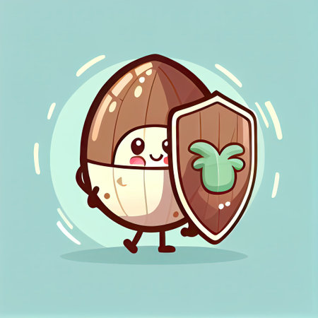 cute coconut cartoon character protected by a shield, cartoon style, modern simple illustrationの写真素材