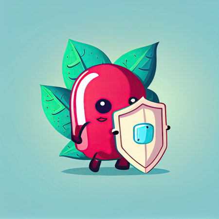 cute cowberry cartoon character protected by a shield, cartoon style, modern simple illustrationの写真素材