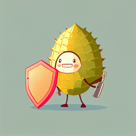 cute durian cartoon character protected by a shield, cartoon style, modern simple illustrationの写真素材