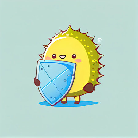 cute durian cartoon character protected by a shield, cartoon style, modern simple illustrationの写真素材