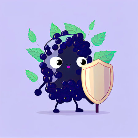 cute elderberry cartoon character protected by a shield, cartoon style, modern simple illustrationの写真素材