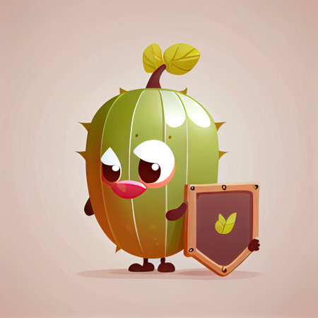 cute gooseberry cartoon character protected by a shield, cartoon style, modern simple illustrationの写真素材