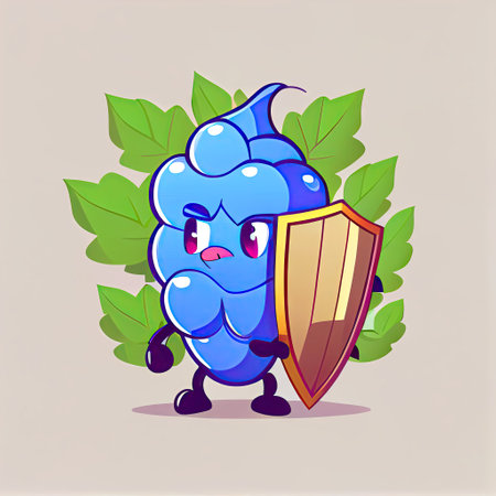 cute grape cartoon character protected by a shield, cartoon style, modern simple illustrationの写真素材