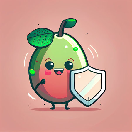 cute guava cartoon character protected by a shield, cartoon style, modern simple illustrationの写真素材