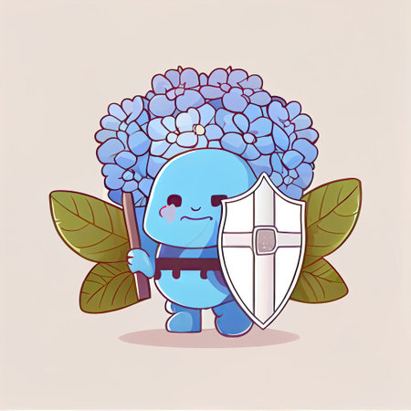 cute hydrangea flower cartoon character protected by a shield, cartoon style, modern simple illustrationの写真素材