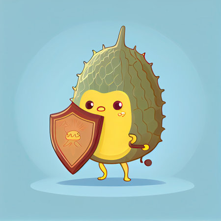 cute jackfruit cartoon character protected by a shield, cartoon style, modern simple illustrationの写真素材