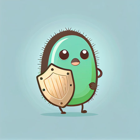 cute kiwi cartoon character protected by a shield, cartoon style, modern simple illustrationの写真素材