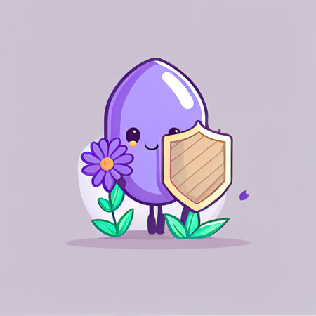 cute lavender flower cartoon character protected by a shield, cartoon style, modern simple illustrationの写真素材