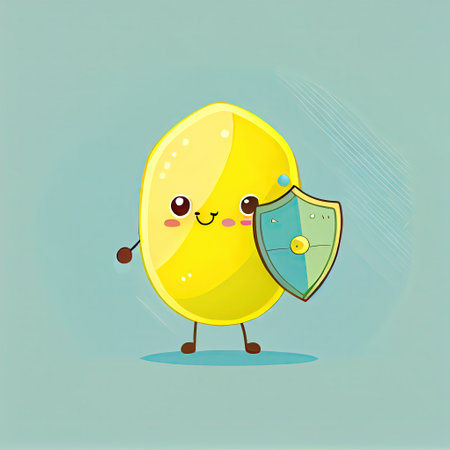cute lemon cartoon character protected by a shield, cartoon style, modern simple illustrationの写真素材
