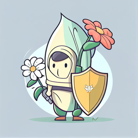 cute lily flower cartoon character protected by a shield, cartoon style, modern simple illustrationの写真素材