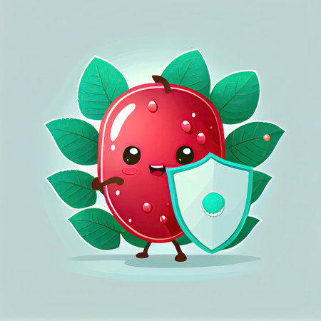 cute lingonberry cartoon character protected by a shield, cartoon style, modern simple illustrationの写真素材