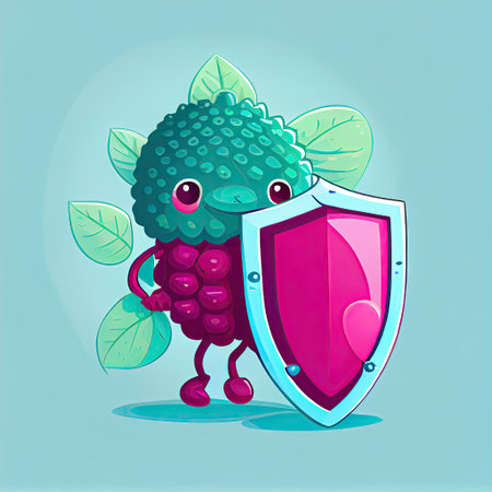 cute loganberry cartoon character protected by a shield, cartoon style, modern simple illustrationの写真素材