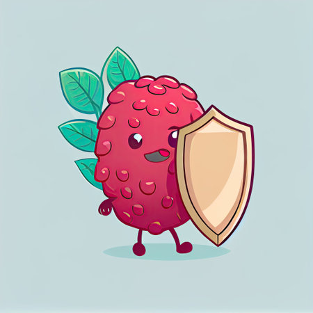 cute loganberry cartoon character protected by a shield, cartoon style, modern simple illustration