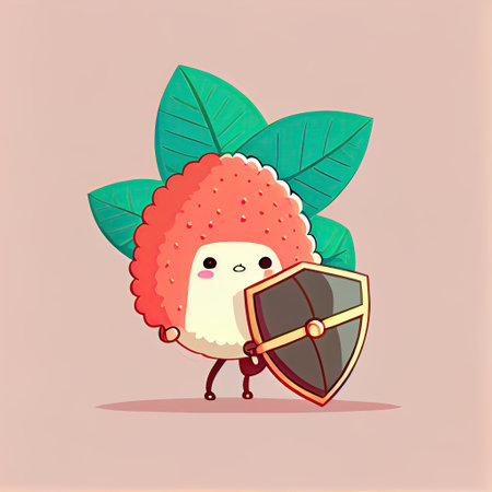 cute lychee cartoon character protected by a shield, cartoon style, modern simple illustrationの写真素材
