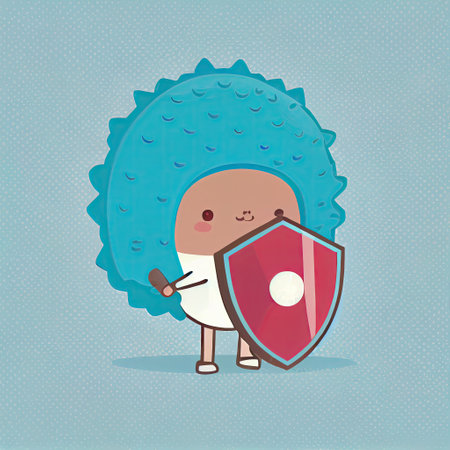 cute lychee cartoon character protected by a shield, cartoon style, modern simple illustrationの写真素材