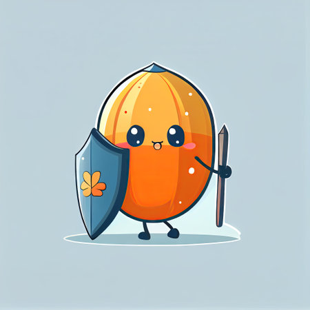 cute mandarin cartoon character protected by a shield, cartoon style, modern simple illustrationの写真素材