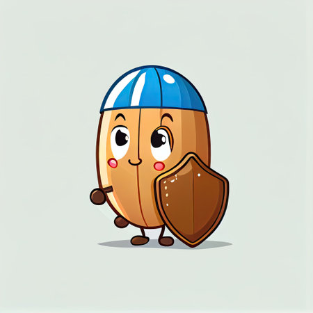 cute nutmeg cartoon character protected by a shield, cartoon style, modern simple illustrationの写真素材