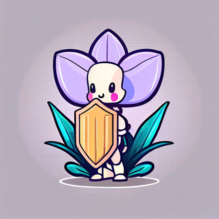cute orchid flower cartoon character protected by a shield, cartoon style, modern simple illustrationの写真素材