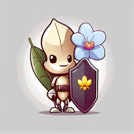 cute orchid flower cartoon character protected by a shield, cartoon style, modern simple illustrationの写真素材