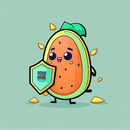 cute papaya cartoon character protected by a shield, cartoon style, modern simple illustrationの写真素材
