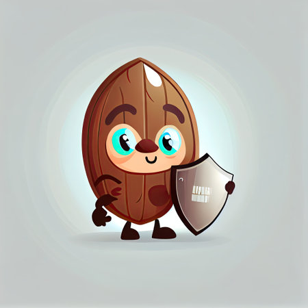 cute pecan cartoon character protected by a shield, cartoon style, modern simple illustrationの写真素材
