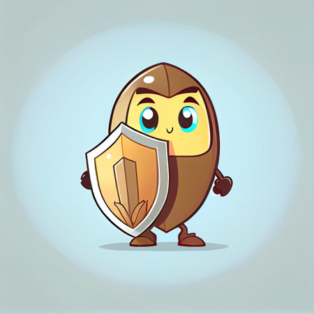 cute pecan cartoon character protected by a shield, cartoon style, modern simple illustrationの写真素材