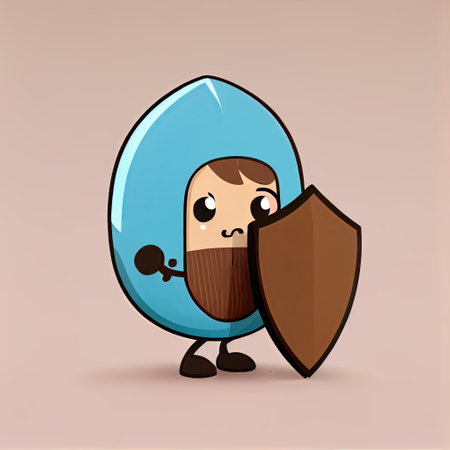 cute pecan cartoon character protected by a shield, cartoon style, modern simple illustrationの写真素材