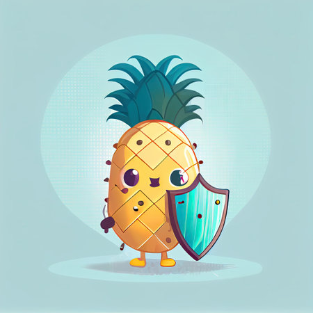 cute pineapple cartoon character protected by a shield, cartoon style, modern simple illustrationの写真素材