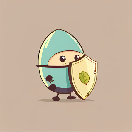 cute pistachio cartoon character protected by a shield, cartoon style, modern simple illustrationの写真素材