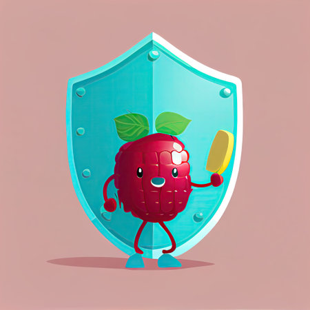 cute raspberry cartoon character protected by a shield, cartoon style, modern simple illustration