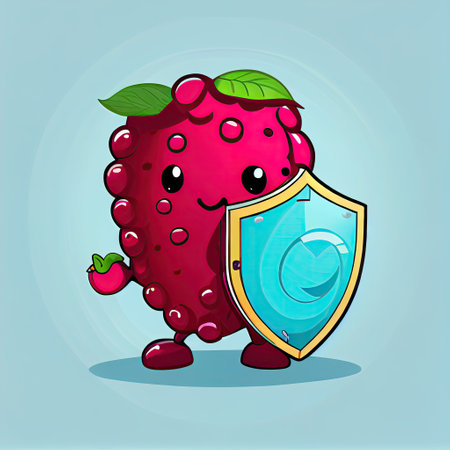cute raspberry cartoon character protected by a shield, cartoon style, modern simple illustrationの写真素材
