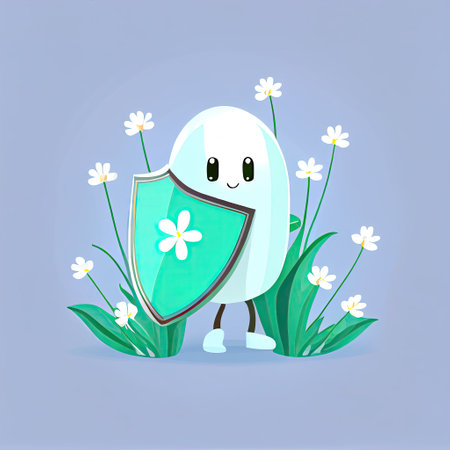 cute snowdrop flower cartoon character protected by a shield, cartoon style, modern simple illustrationの写真素材
