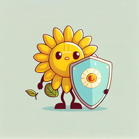 cute sun flower flower cartoon character protected by a shield, cartoon style, modern simple illustrationの写真素材