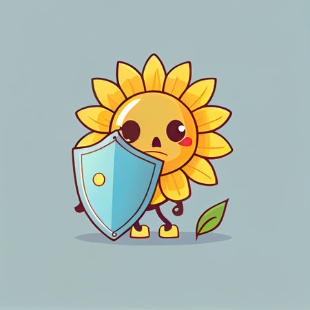 cute sun flower flower cartoon character protected by a shield, cartoon style, modern simple illustrationの写真素材