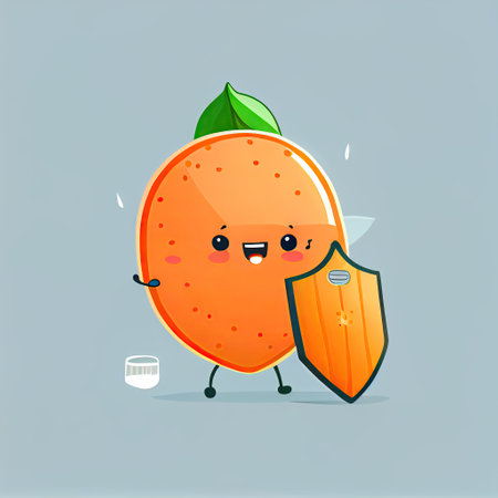 cute tangerine cartoon character protected by a shield, cartoon style, modern simple illustrationの写真素材