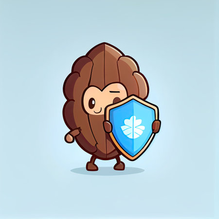 cute walnut cartoon character protected by a shield, cartoon style, modern simple illustrationの写真素材